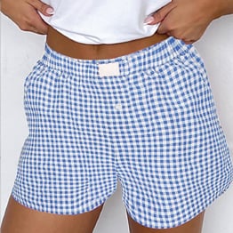 Blue Gingham Printed High Waist Shorts