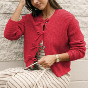 Fiery Red Ribbed Knit Bow Front Buttoned Cardigan