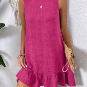 Bright Pink Knot Scoop Back Ruffle Hem Sleeveless Mini Dress