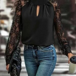 Black Keyhole Neckline Floral Lace Raglan Sleeve Blouse