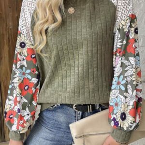 Parchment Floral Patchwork Long Sleeve Ribbed Blouse