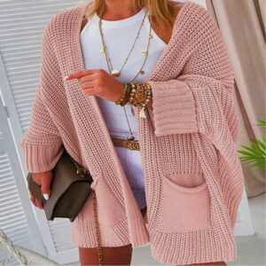 Pink Oversized Fold Over Sleeve Open Front Cardigan