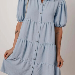 Beau Blue Shirt Collar Button Up Short Puff Sleeve Tiered Shift Dress