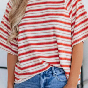 Red Stripe Print Contrast Collar Raglan Sleeve T Shirt