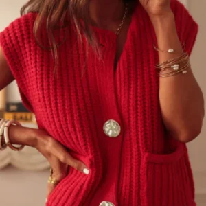 Fiery Red Solid Textured Knit Side Pockets Buttoned Sweater Vest