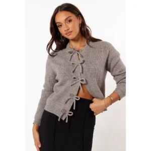 Philippine Gray Ribbed Knit Bow Front Buttoned Cardigan