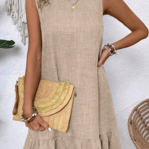 Smoke Gray Knot Scoop Back Ruffle Hem Sleeveless Mini Dress