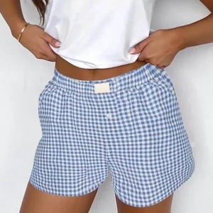 Blue Gingham Printed High Waist Shorts