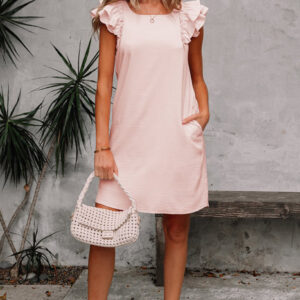 Light Pink Textured Flutter Sleeve Square Neck Bow Back Mini Dress