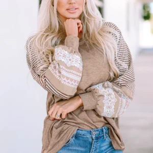 Light French Beige Floral Striped Patchwork Loose Long Sleeve Top