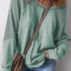 Mineral Blue Solid Waffle Knit Patchwork Raglan Sleeve Sweatshirt