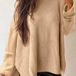 Beige Cable Knit Drop Shoulder Side Slits Loose Sweater