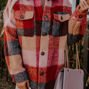 Orange Plaid Print Flap Pockets Buttoned Casual Plus Size Jacket