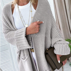 Gray Oversized Fold Over Sleeve Open Front Cardigan