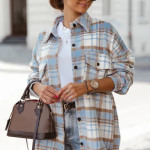 Sky Blue Plaid Flap Pocket Long Sleeve Shacket