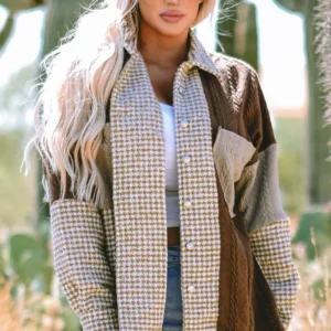 Pink Houndstooth Color Contrast Textured Patchwork Loose Shacke