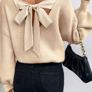 Tan Lantern Sleeve V Neck Knot Back Sweater