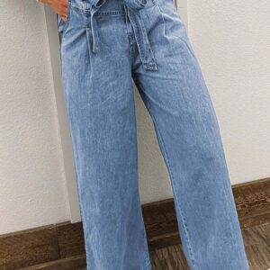 Beau Blue Western Washed Bow Knot Sash Wide Leg Jeans