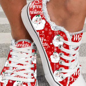 Red Santa Claus Snowflake Print Flat Canvas Shoes