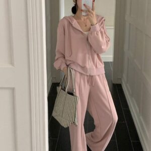 Light Pink Drop Shoulder Puff Sleeve Crop Pullover Drawstring Wide Leg Pants Set