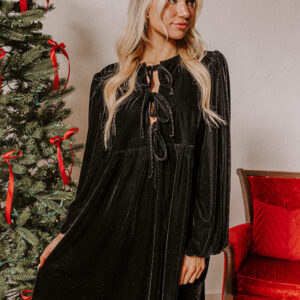 Black Front Tie Velvet Bubble Sleeve Mini Dress