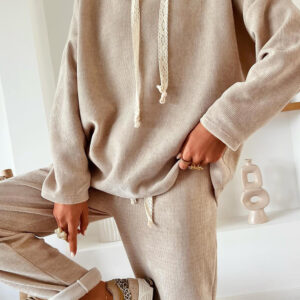 Jet Stream Lace/Leopard Drawstring Hoodie and High Waist Pants Corduroy Suit