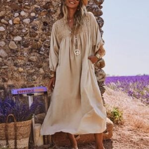 Jet Stream V Neck Lace 3/4 Sleeve Long Shift Dress