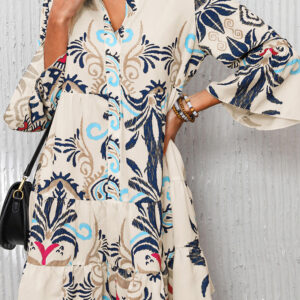 White Printed Tribal Bracelet Sleeve Buttoned Mini Dress