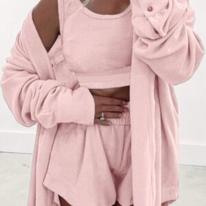 Light Pink 3 Pcs Crop Tank Top Shorts with Cardigan Lounge Set
