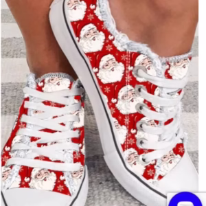 Red Buffalo Plaid Santa Claus Print Flat Canvas Shoes
