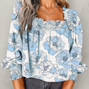 Sky Blue Floral Smocked Square Neck Long Sleeve Blouse