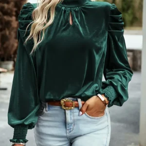 Blackish Green Mock Neck Puff Sleeve Velvet Blouse
