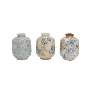 4" Round x 5-3/4"H Terracotta Vase with Transferware Pattern, Blue & White, 3 Styles