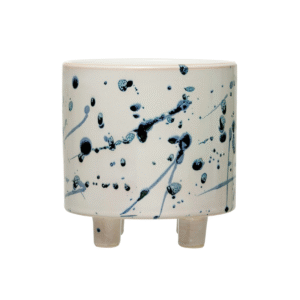 5-3/4" Round x 6"H Stoneware Footed Planter with Splatter Design, White & Blue (Holds 5" Pot)
