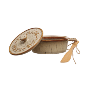 7" Round x 3-1/4"H Stoneware Brie Baker with Bamboo Spreader, Reactive Glaze, Brown & Tan Color (Color Will Vary)